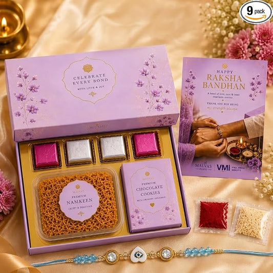 The Celebration | Premium Rakhi Gift Hamper for Brother with 4 Chocolates, Namkeen, Cookies & Designer Rakhi