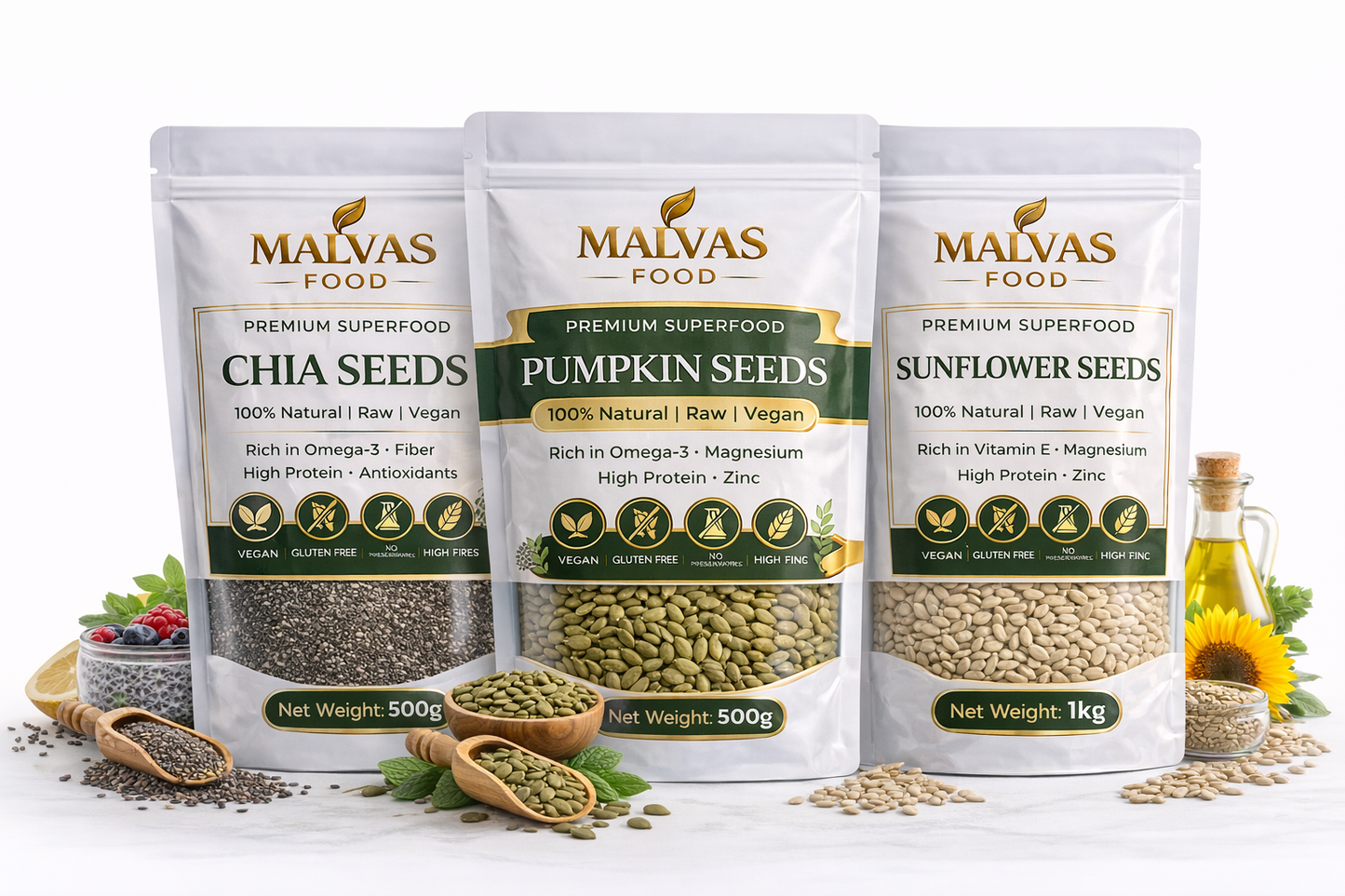 Malvas Premium 4-in-1 Superfood Seeds Combo – 1KG (Chia, Pumpkin, Sunflower & Raisins)