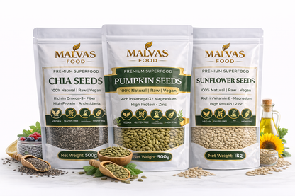 Malvas Premium 4-in-1 Superfood Seeds Combo – 1KG (Chia, Pumpkin, Sunflower & Raisins)