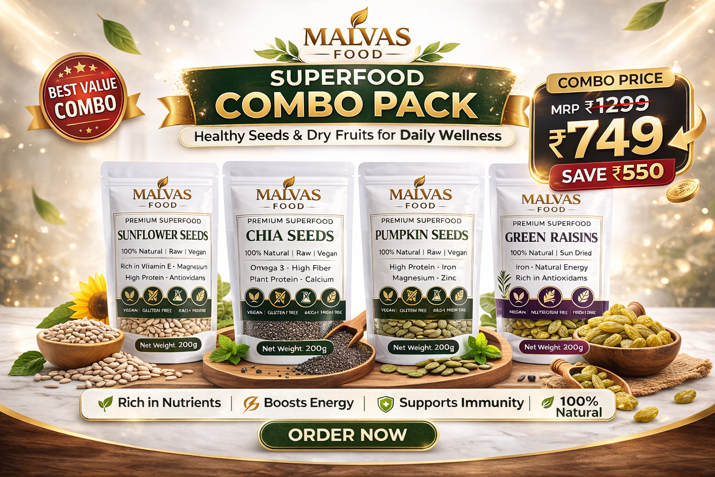 Malvas Premium 4-in-1 Superfood Seeds Combo – 1KG (Chia, Pumpkin, Sunflower & Raisins)