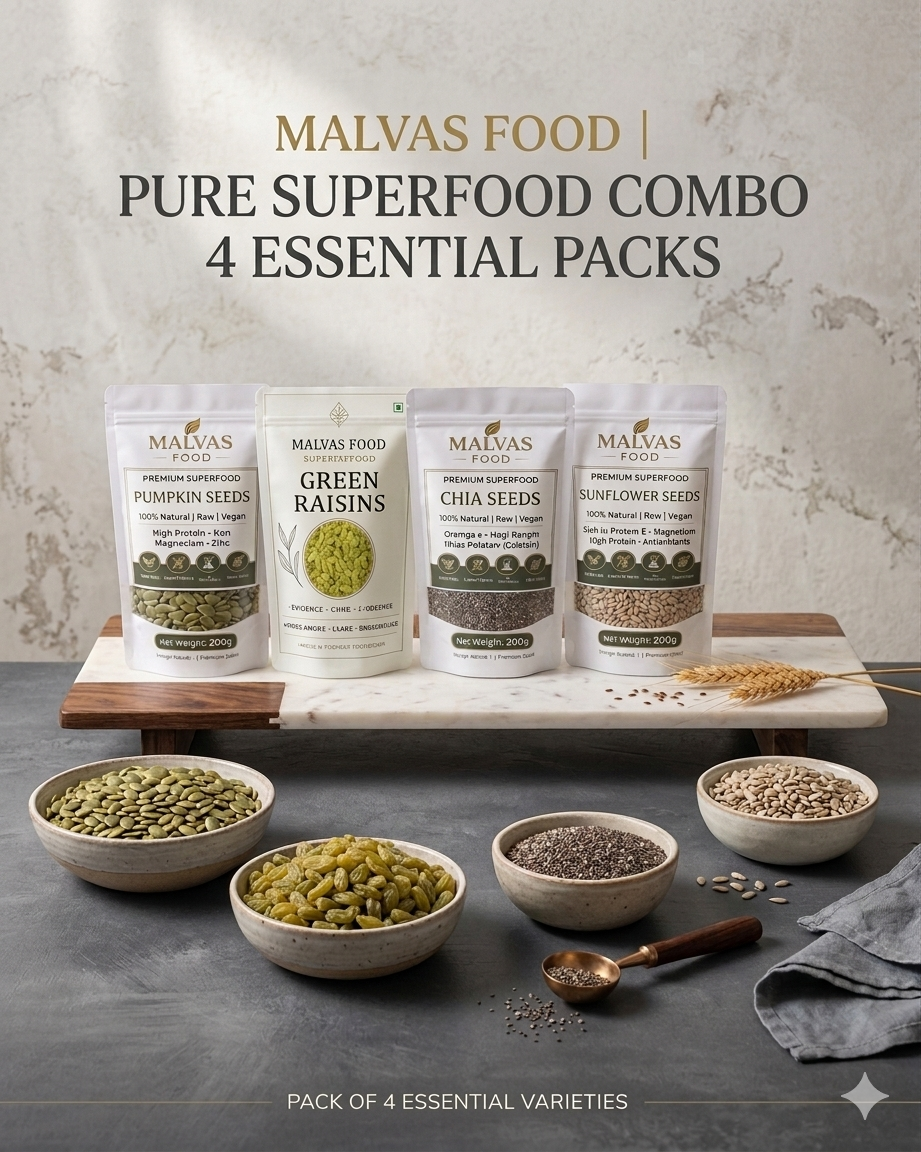 Malvas Premium 4-in-1 Superfood Seeds Combo – 1KG (Chia, Pumpkin, Sunflower & Raisins)