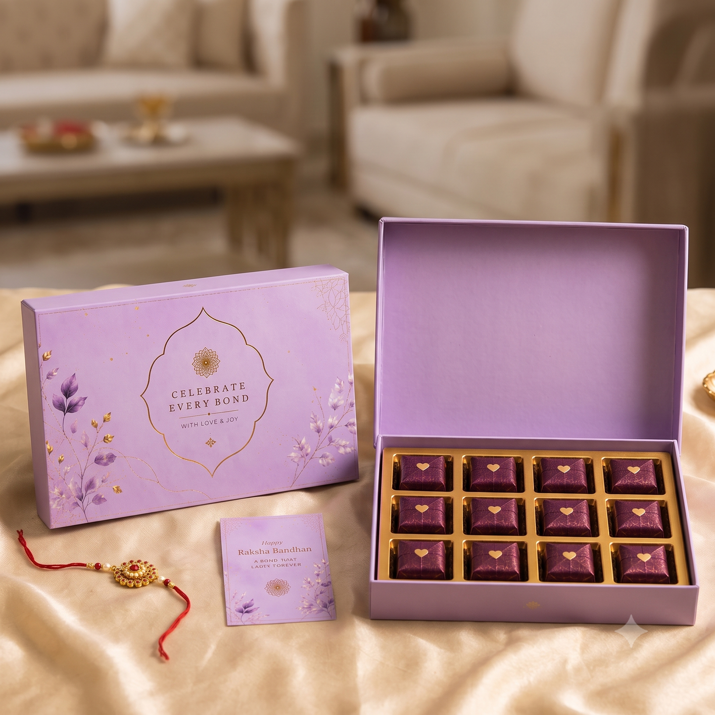 Raksha Bandhan Gift Box with Designer Rakhi, 12 Assorted Chocolates (Dry Fruit, Mix Seeds & Premium Chocolates), Roli Chawal Chandan Mishri & Greeting Card | Ready-to-Gift Festive Combo
