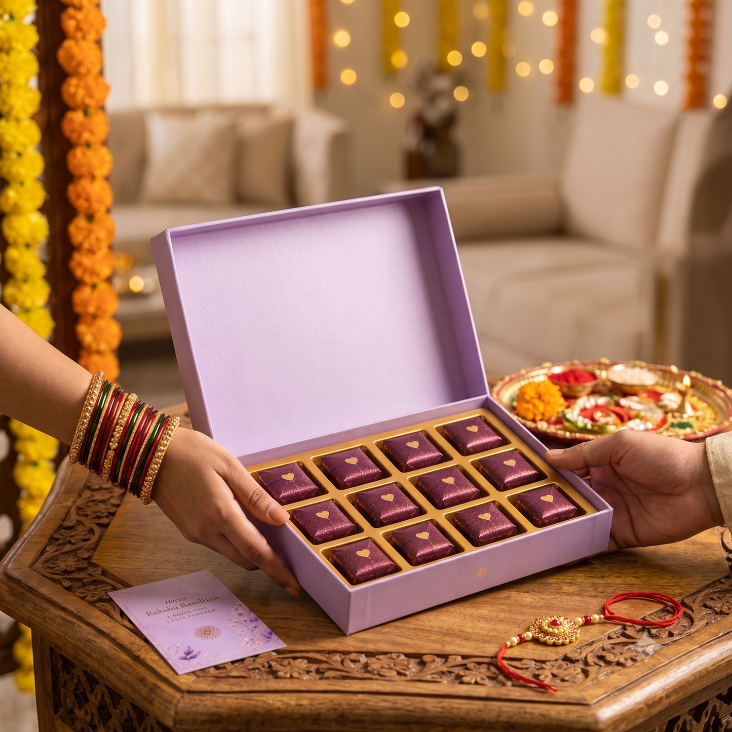 Raksha Bandhan Gift Box with Designer Rakhi, 12 Assorted Chocolates (Dry Fruit, Mix Seeds & Premium Chocolates), Roli Chawal Chandan Mishri & Greeting Card | Ready-to-Gift Festive Combo