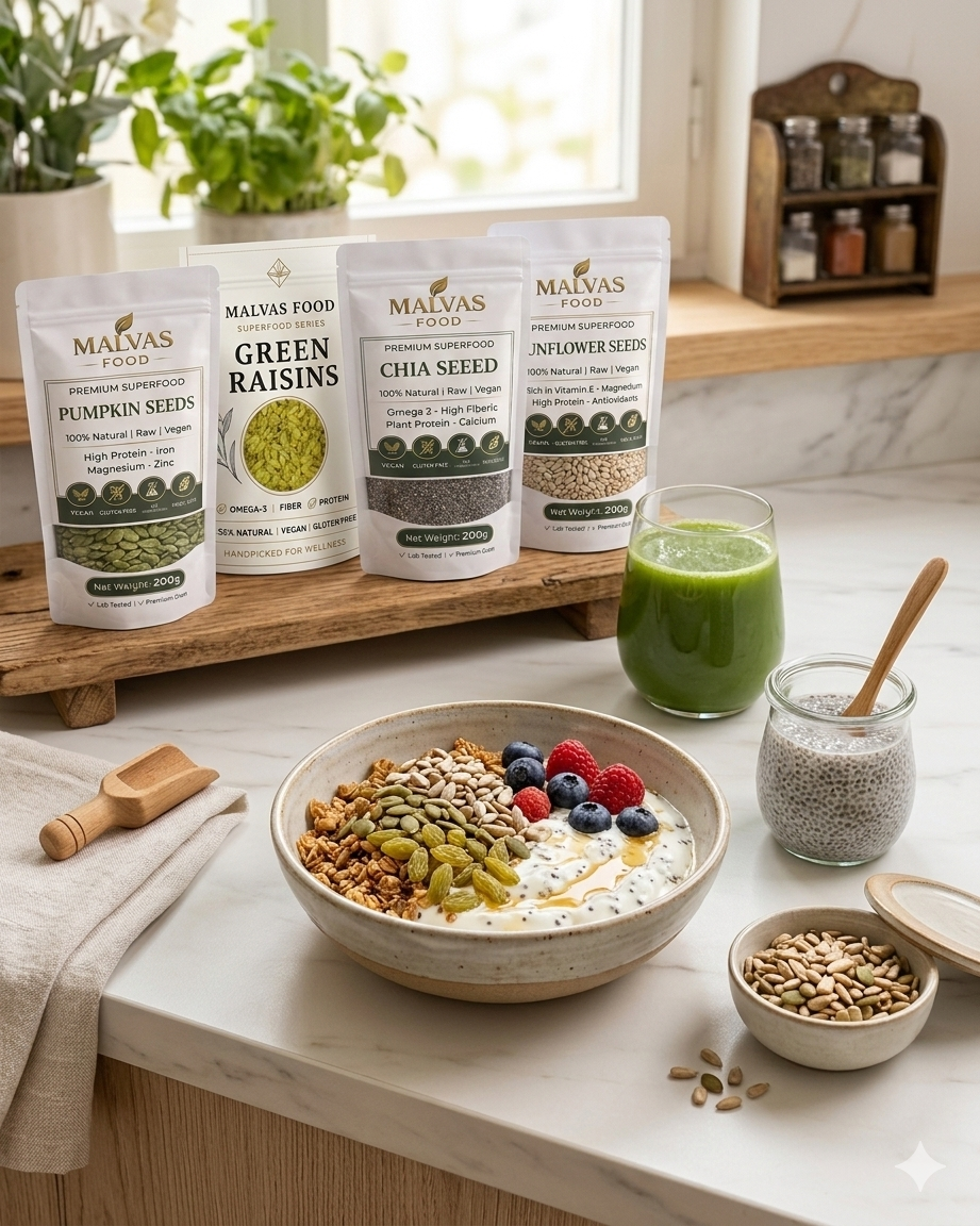 Malvas Premium 4-in-1 Superfood Seeds Combo – 1KG (Chia, Pumpkin, Sunflower & Raisins)