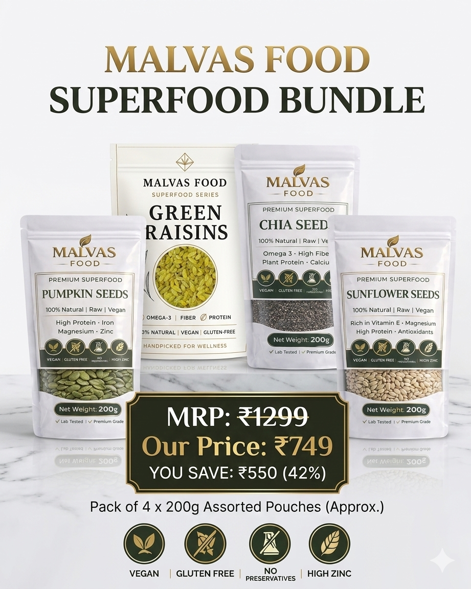 Malvas Premium 4-in-1 Superfood Seeds Combo – 1KG (Chia, Pumpkin, Sunflower & Raisins)