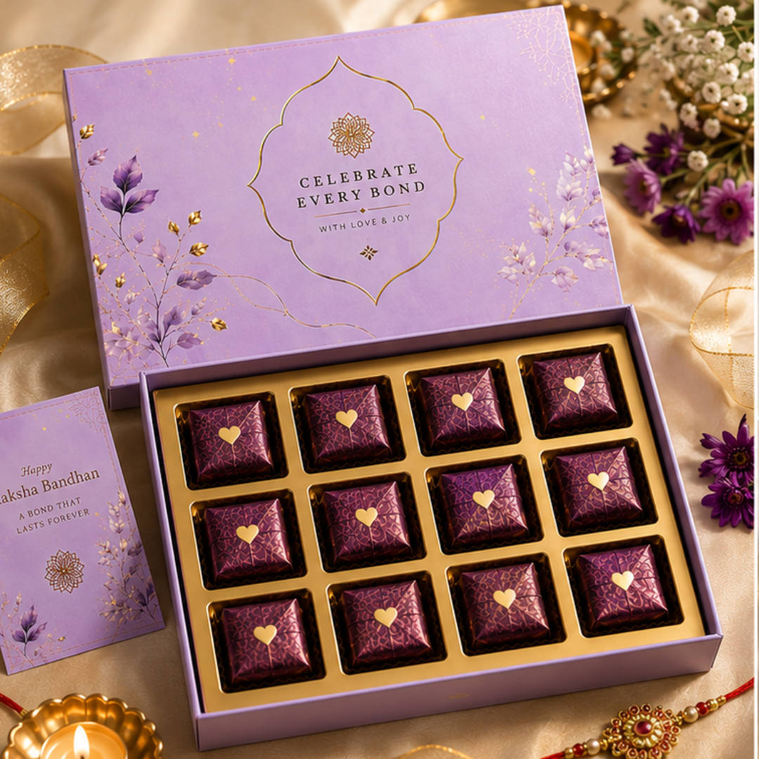 Raksha Bandhan Gift Box with Designer Rakhi, 12 Assorted Chocolates (Dry Fruit, Mix Seeds & Premium Chocolates), Roli Chawal Chandan Mishri & Greeting Card | Ready-to-Gift Festive Combo